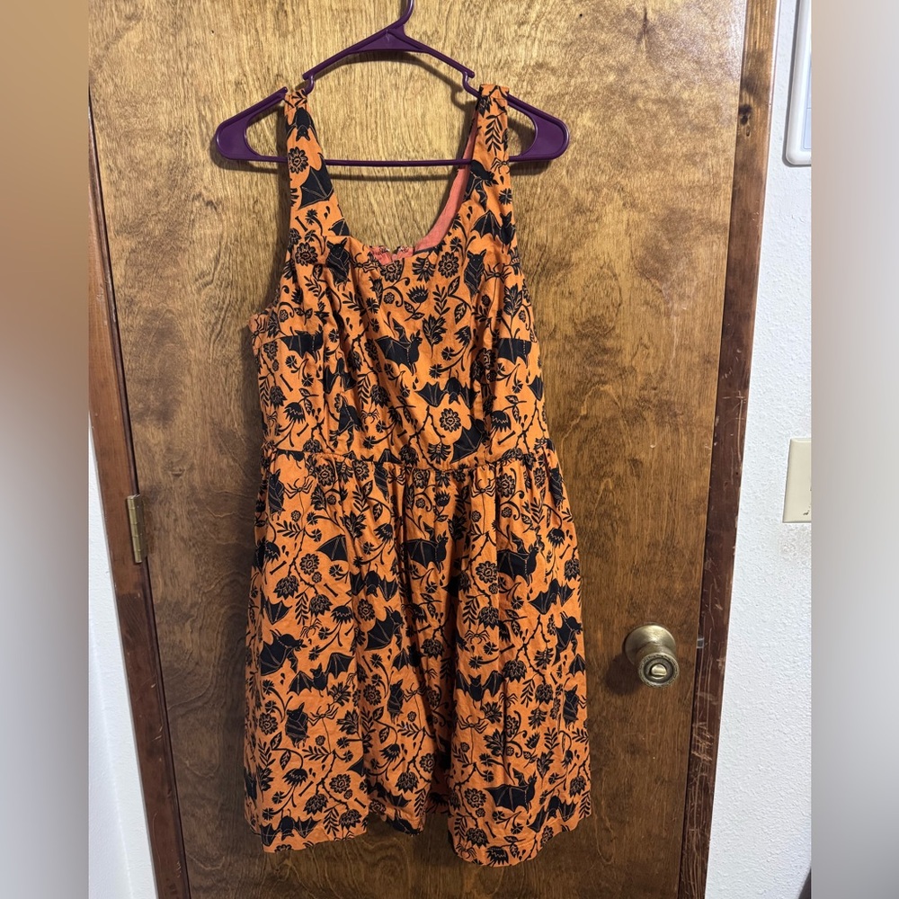 Modcloth Orange/Black Halloween Spooky Print Cotton Dress NWT